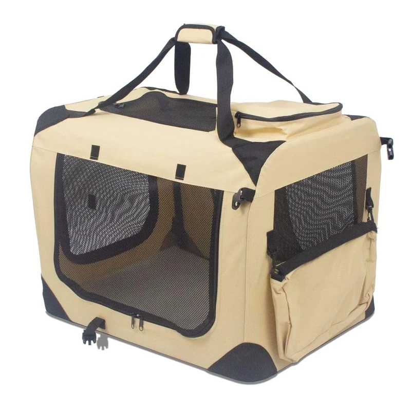 UnderDog Foldable Fabric Dog Crate with Fleece Luxury Pet Crates & Carriers Soft Side Pet Travel Crate with Removable Mat & Storage Bags, Breathable Mesh (Beige, 92cm)