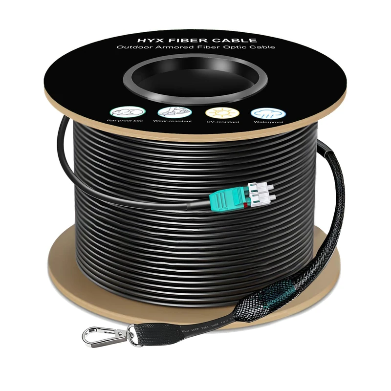 492FT/150M OM3 LC to LC Outdoor Armored Fiber Patch Cable, Direct Burial Industrial TPU Duplex Multimode Fiber Optic Cable, 40Gb/10Gb, 50/125 um, Uniboot LC-LC Connector with Pulling Eye Kit, OD 5mm