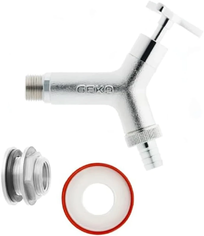 GEKA plus Design 46.8126.8 Water Butt Set 3/4 Inch Design Tap with Spout, 1 x Sealing Tape Roll, Chrome-Plated Brass