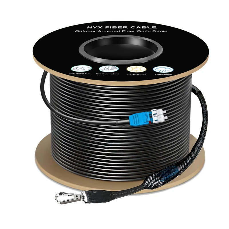 UPC Uniboot Lc Fiber Cable - 328FT Single Mode Fiber Optic Internet Cable, TPU Armored Outdoor, 2 Core OS2 9/125um Duplex, One End Pulling Eye