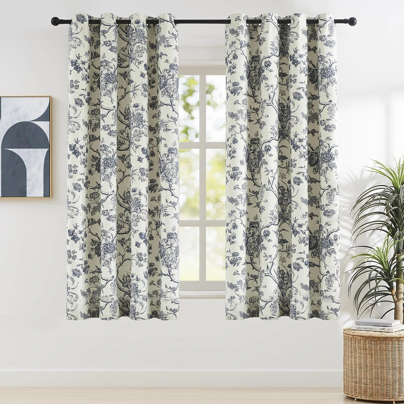 Melodieux Vintage Floral Blackout Curtains Bedroom Living Room Farmhouse Thermal Insulated Cotton Eyelet Curtains French Country Toile de Jouy 52x63 Inch Navy Blue 2