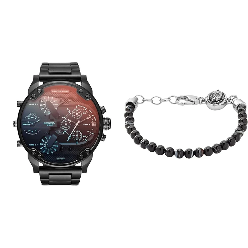 Diesel Men's Mr. Daddy 2.0 Watch and Beads Bracelet, Black Stainless Steel, Set