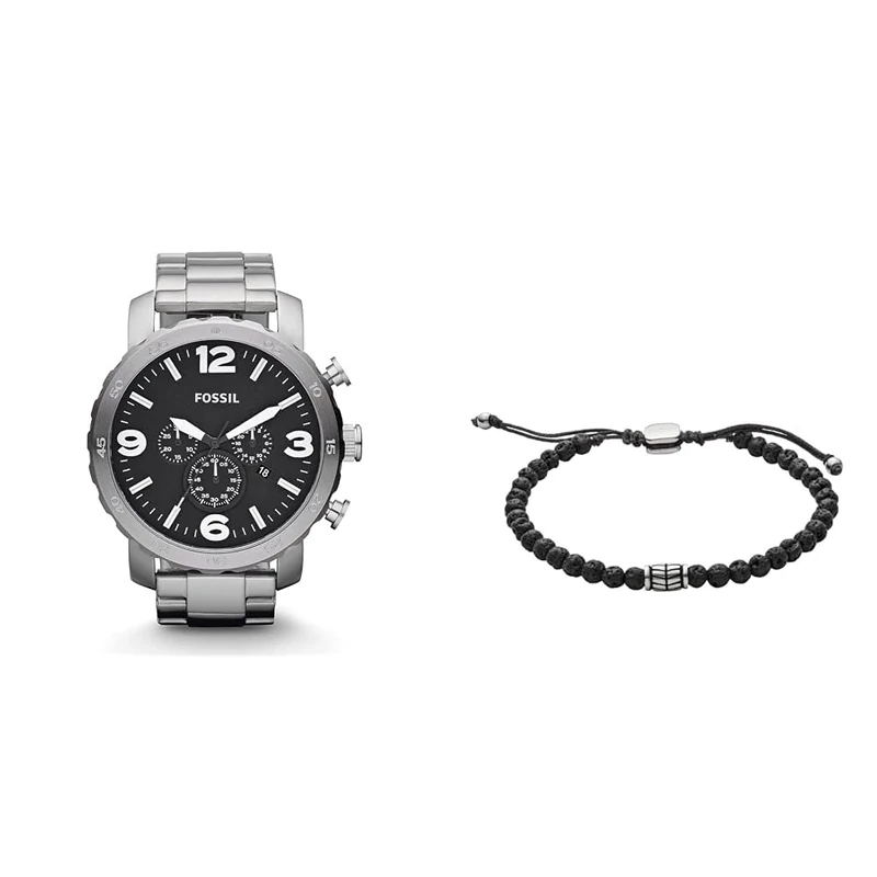 Fossil Men's Silver-Tone Stainless Steel Watch and Black Semi-Precious Bracelet, Set
