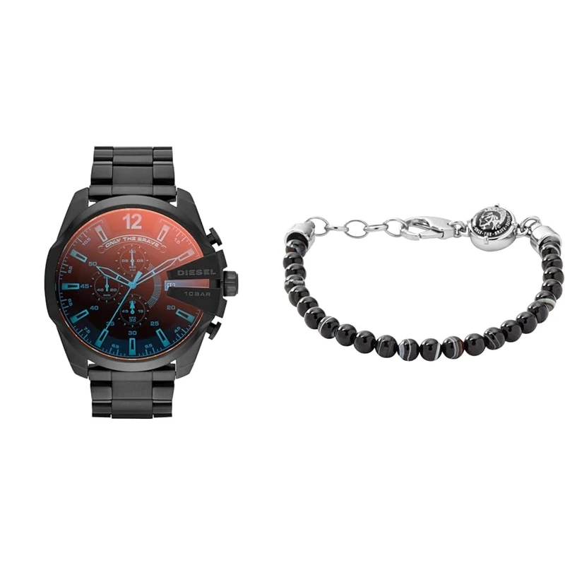 Diesel Men's Mega Chief and Beads Bracelet, Black Stainless Steel, Set