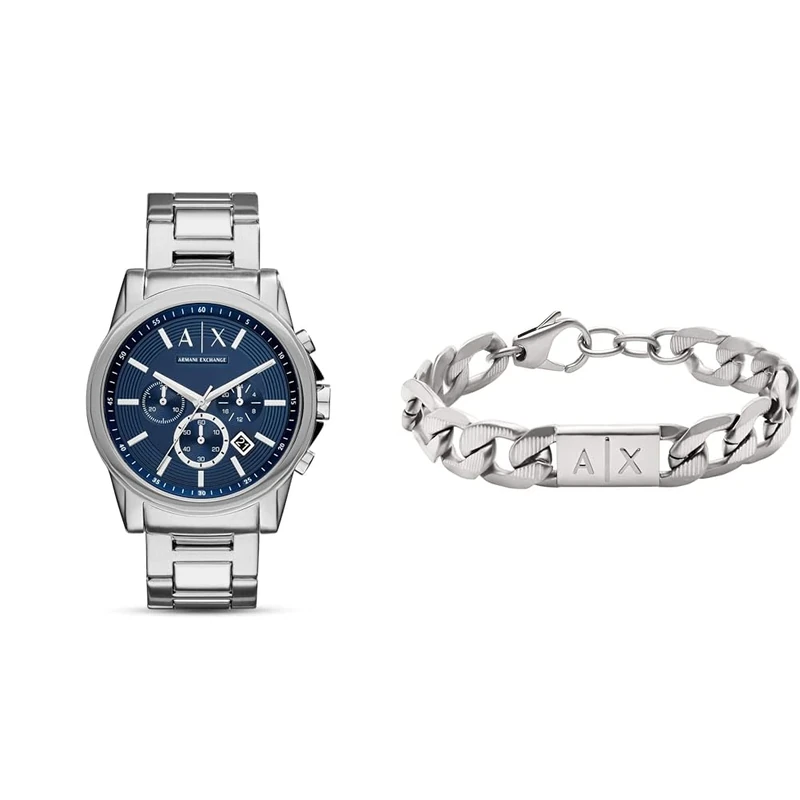 ARMANI EXCHANGE Men's Watch and Bracelet, Silver-Tone Stainless Steel, Set