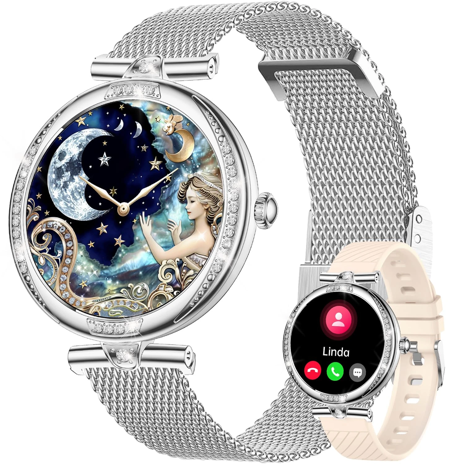 Smart Watches for Women Answer/Make Calls, 1.19" AMOLED Display Fitness Watch with Heart Rate/Sleep Monitor, 100+ Sports Modes, IP68 Waterproof Smartwatch with 2 Strap for Android iOS Silver