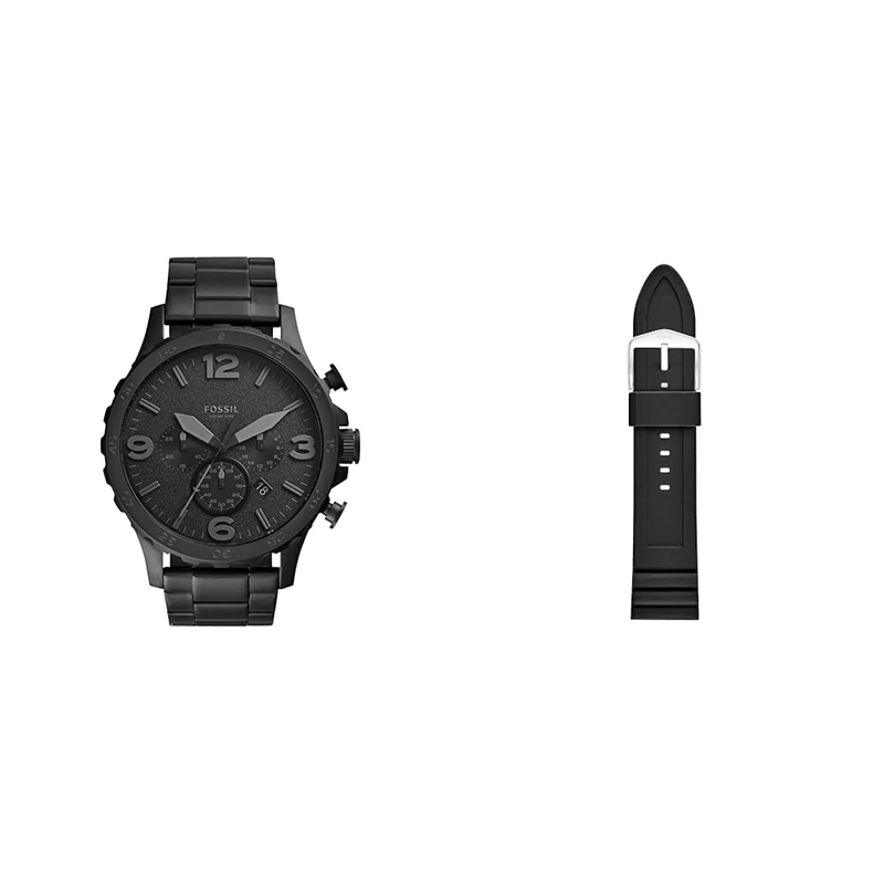 Fossil Men's Nate Stainless Steel Watch and Replaceable Silicone Strap, Black Set