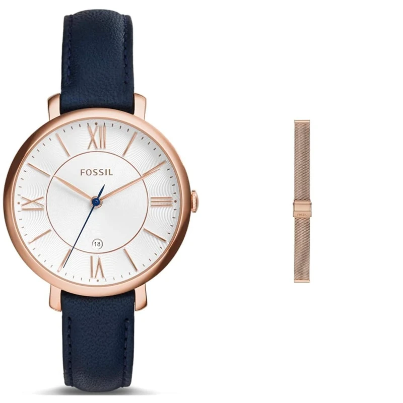 FOSSIL Women's Jacqueline Blue Leather Watch and Replaceable Rose-Gold Stainless Steel Strap, Set