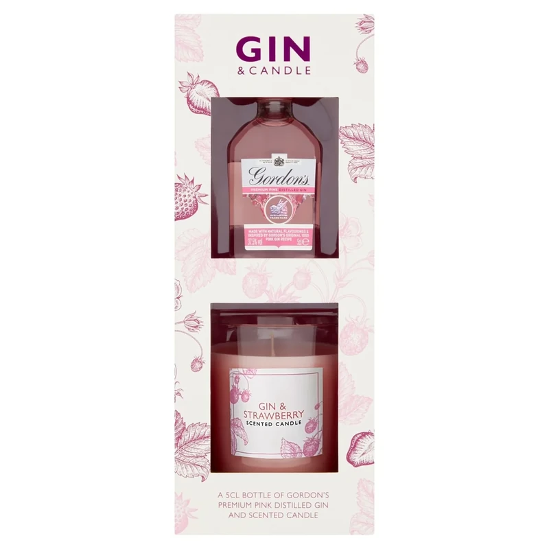 Gordon’s Pink Gin Gift Set – 5cl Gordon’s Pink Miniature with 150g Juniper & Strawberry Scented Candle – Lovely Gift for Her by Blue Tree Gifts