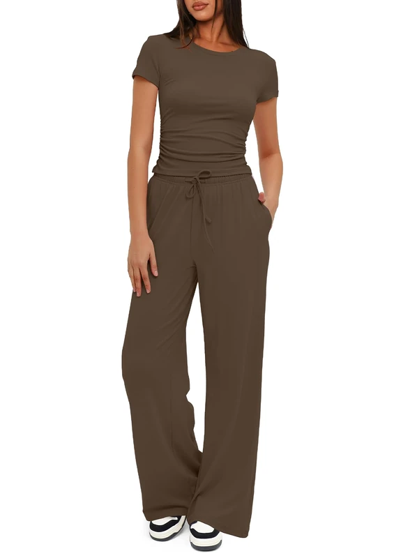 Darong Women's 2 Piece Outfits Lounge Sets Ruched Short Sleeve Tops and High Waisted Wide Leg Pants Tracksuit Sets, Khaki（31" Inseam）, Medium