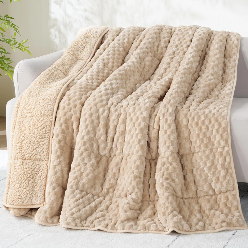 Drewin Weighted Blanket Twin Size, Adult Weighted Blankets 12lbs with Double-Sided Shaggy Sherpa, Ultra-Cozy Warm Jacquard Bed Blanket for Sleeping and Relaxing, Ceramic Beads, Beige, 48 x 72 inches