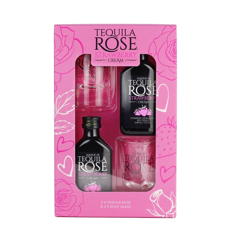 Tequila Rose Gift Set - Strawberry Cream Liqueur 2 x 5cl Miniature with 2 x Shots Glasses. Gift set to enjoy and drink in style.