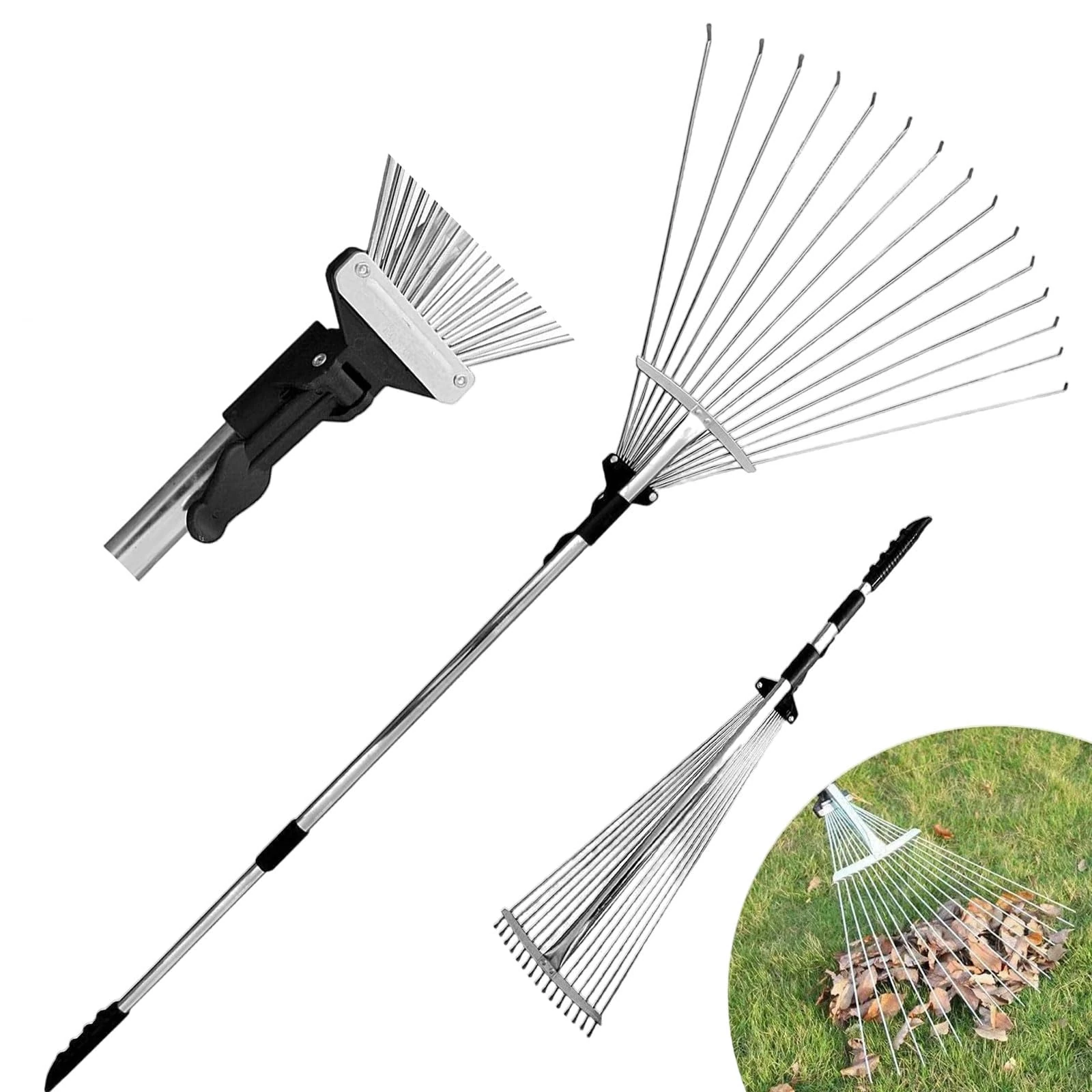 My Garden Rake Telescopic - Adjustable Leaf Rake Metal Lawn Rakes with 9 Teeth - Ergonomic Non-Slip Handle - Extendable Garden Rakes for Grass, Soil, and Debris Cleaning