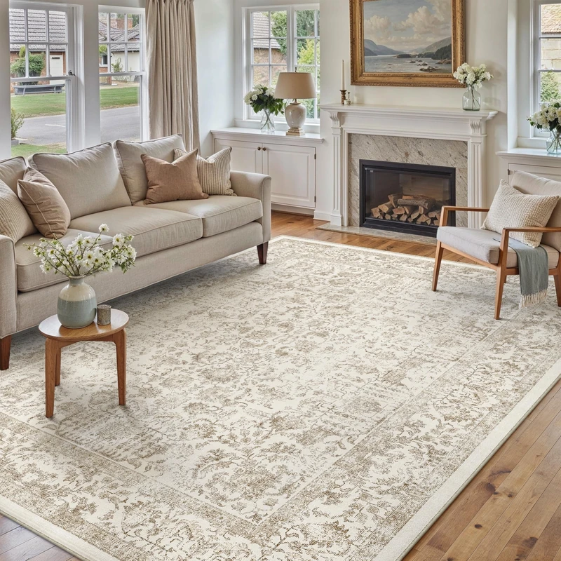 PureCozy Light Brown Area Rug 5x7 Machine Washable Vintage Living Room Distressed Non Slip Carpet Traditional Indoor Bedroom Retro Floral Accent Throw Large Rug Office Kitchen Bathroom Dining Room - Image 1