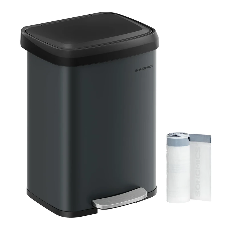SONGMICS 13 Gallon (50 L) Metal Waste Pedal Bin with Lid, Tall and Large, Charcoal Grey and Black LTB530G02