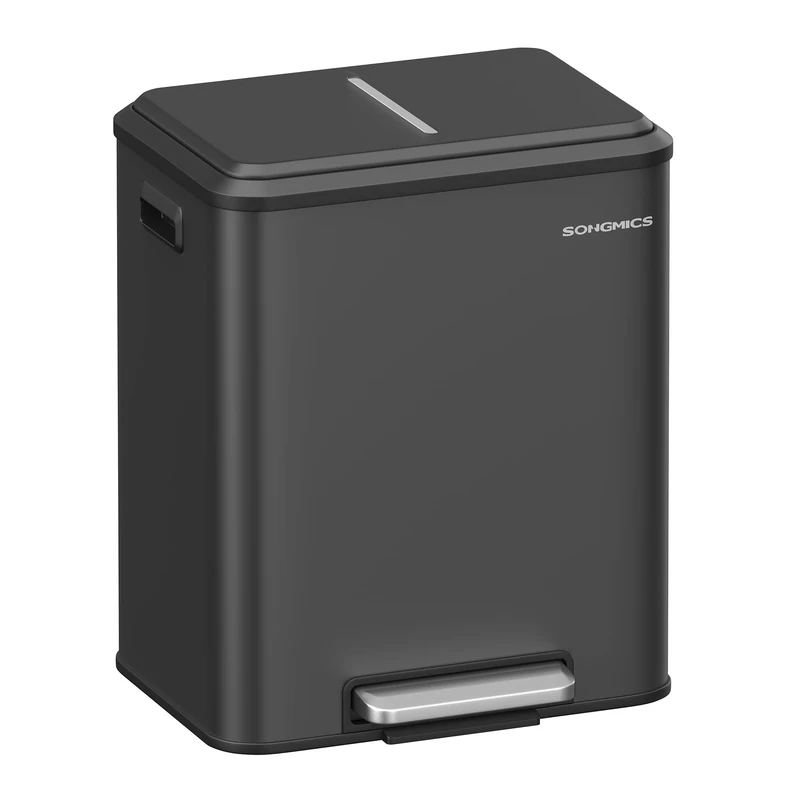 SONGMICS Kitchen Bin, 2 x 4 Gal. (2 x 15 L) Double Bin for Recycling and Waste, Rubbish Bin, Inner Buckets, Steel, Soft-Close Lid, Wide Sturdy Pedal, Ink Black LTB544B02