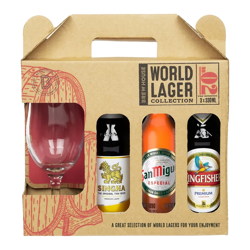 Brew House World Lager Selection Gift Box, includes 3x330ml Lagers and Chalice Glass, Gift Set for Lager Lovers, Premium Packaging for Birthdays and Christmas