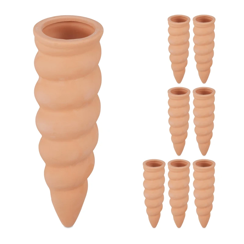 Relaxdays Watering Cones, Set of 8, for 1.5 Litre Bottles, Curved Design, Clay, Irrigation for Houseplants, Terracotta, Ceramics, 16.5 x 5 cm