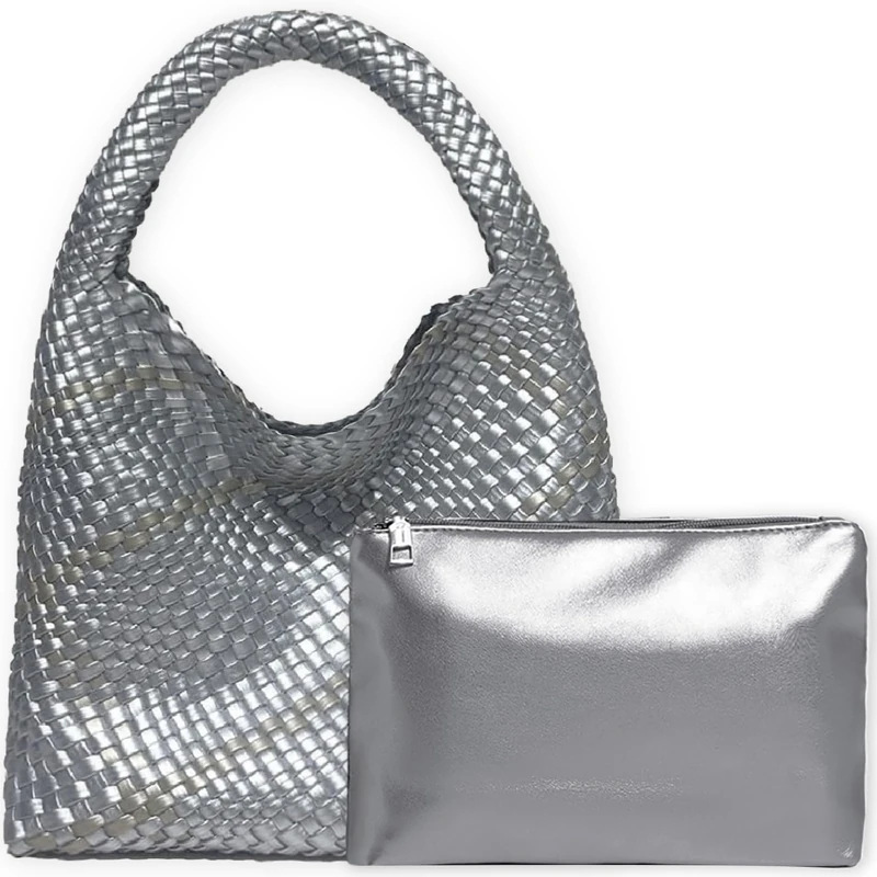 JINMANXUE Women Vegan Leather Hand-Woven Tote Handbag Fashion Shoulder Top-handle Bag All-Match Underarm Bag with Purse, Bright Silver&gold