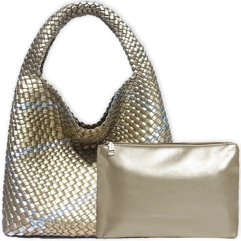 JINMANXUE Women Vegan Leather Hand-Woven Tote Handbag Fashion Shoulder Top-handle Bag All-Match Underarm Bag with Purse, Gold&silver