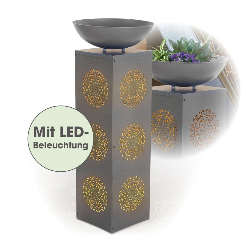 EASYmaxx Decorative Column with LED and Timer, Mandala Design in Concrete Look, Illuminated Plant Column for Indoor and Outdoor Use, Battery Operated, Flexible Placement, with Plant Bowl for - Image 1
