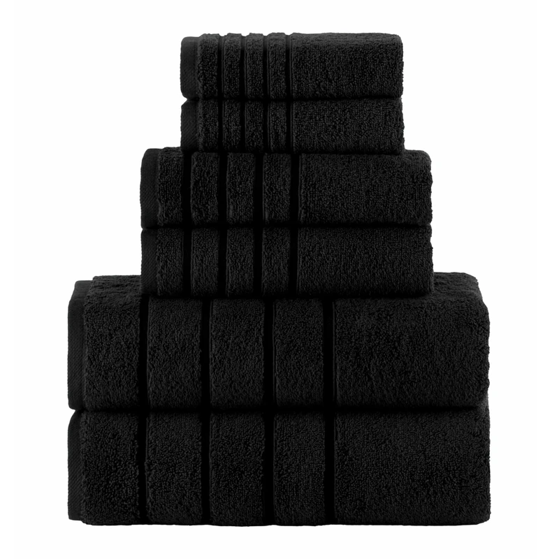 Elegant Comfort 4 Lines Viscose Stripe 6-Piece Premium Towel Set - 100% Turkish Cotton High Absorbent Luxury Bathroom Towels – Includes 2 Washcloths, 2 Hand Towels and 2 Bath Towels Set, Black