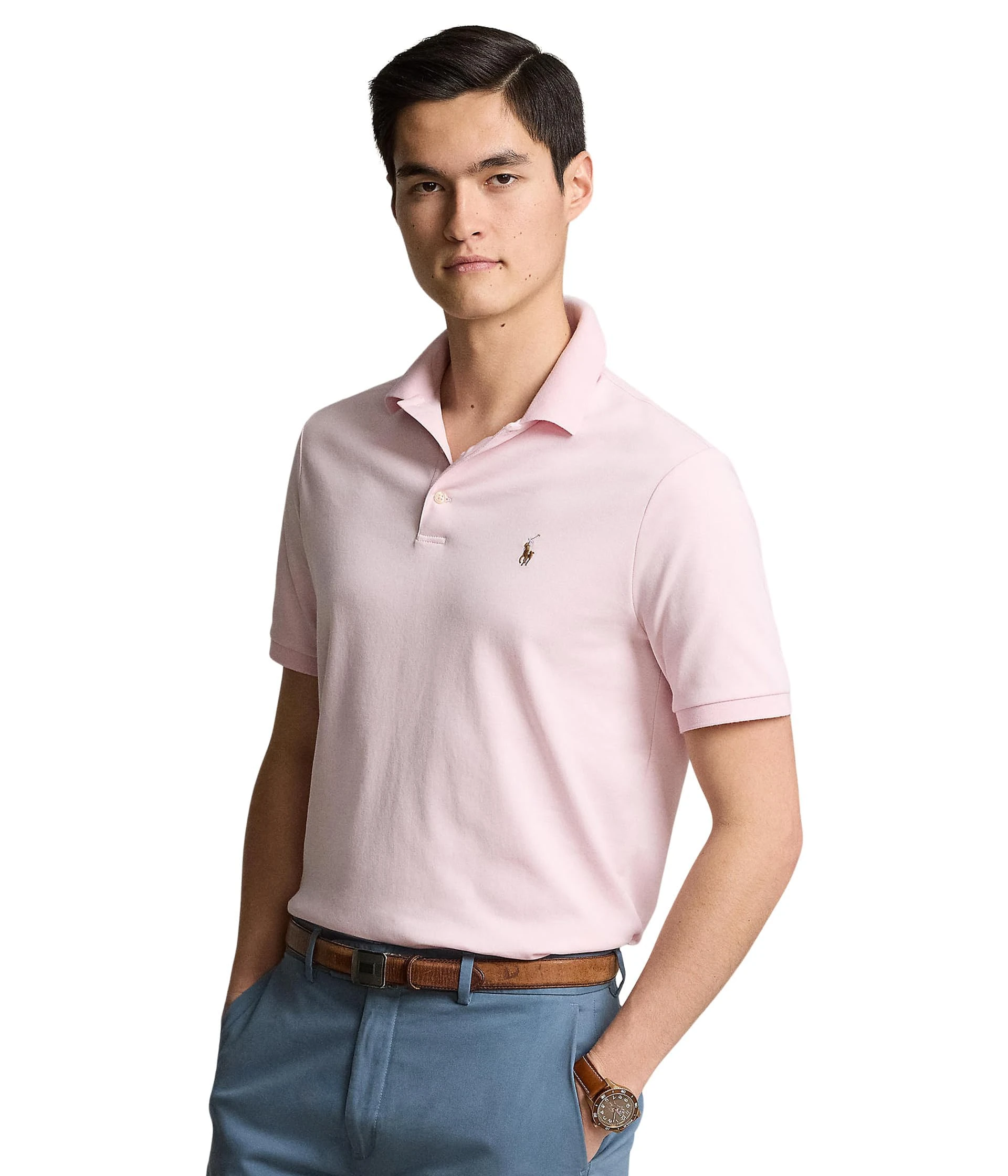 POLO RALPH LAUREN Men's Classic Fit Soft Cotton Polo Shirt, Hint of Pink, Large