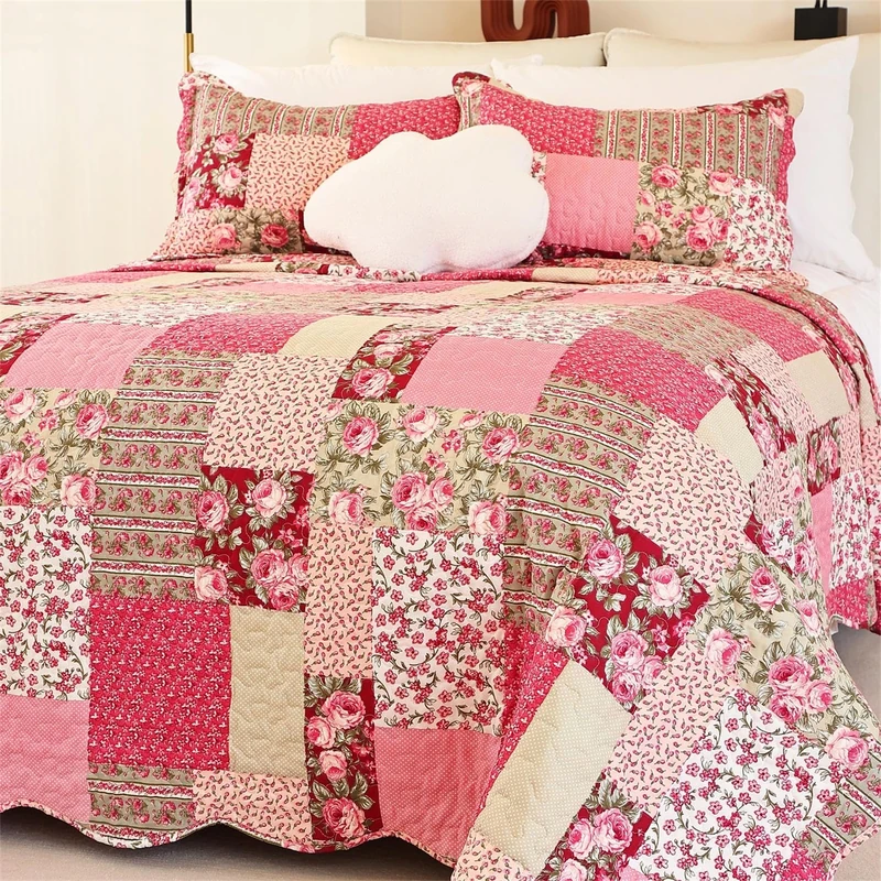 Cmfshape Summer Floral Oversize King Bedspread,Romantic Pink Quilt Set King,Reversible Stitched Bedding Set All Season,Soft Lightweight Coverlet with Pillow Cases (Hot Pink&Rose, Super King114 x102)