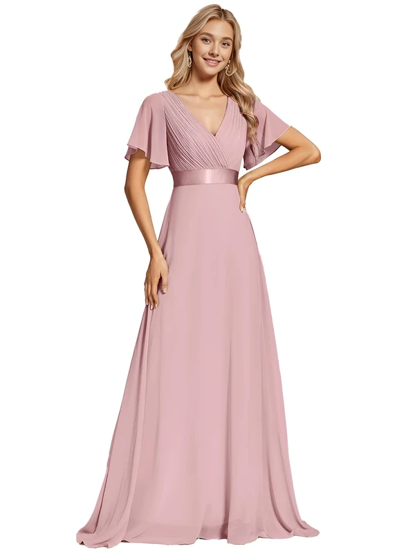 Ever-Pretty Women's Double V-Neck Short Flutter Sleeves Empire Waist Elegant Chiffon Long Evening Dresses Dusty Rose 20UK