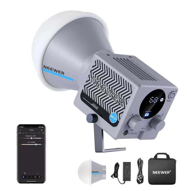NEEWER HS60B Mini Video Light with App Control, 60W Handheld Portable Bi Color COB LED Continuous Output Lighting with 35000lux/1m 2700-6500K 0-100% PWM Dimming CRI/TLCI 97+ 12 Scenes USB Type C