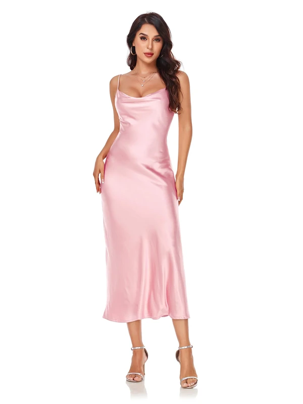 Women's Spaghetti Strap Midi Satin Silk Dresses Slip Cowl Neck Party Cocktail Evening Sexy Dress, Light Pink, XL