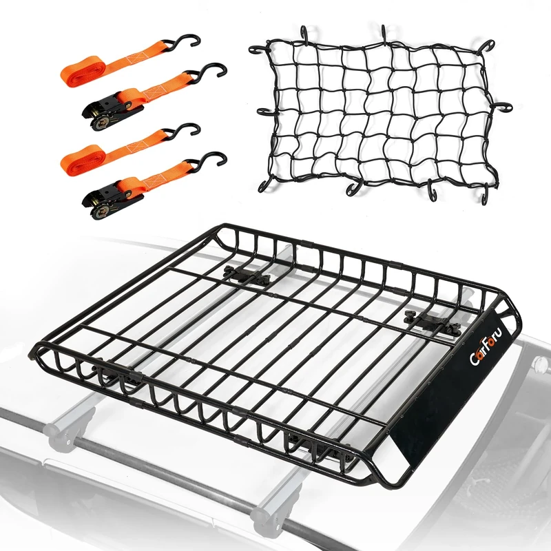 Carforu Roof Rack Basket 51″ X 36″ X 5″ Universal Rooftop Cargo Basket, 250LB Heavy Duty Cargo Basket Car Roof Basket for SUV, Truck, Cargo Net with Attachment Hooks, 2pcs Ratchet Straps