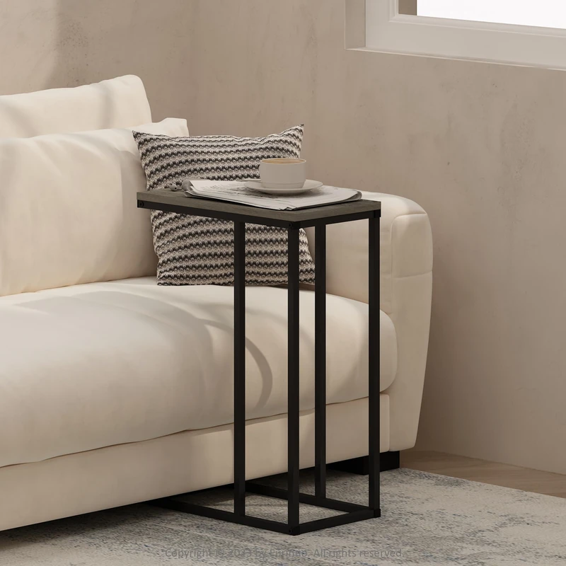 Furinno C-SHAPED Side Table, Metal Frame End Table, Night Stand, Bedside Table, for Living Room, Bedroom, French Oak Grey