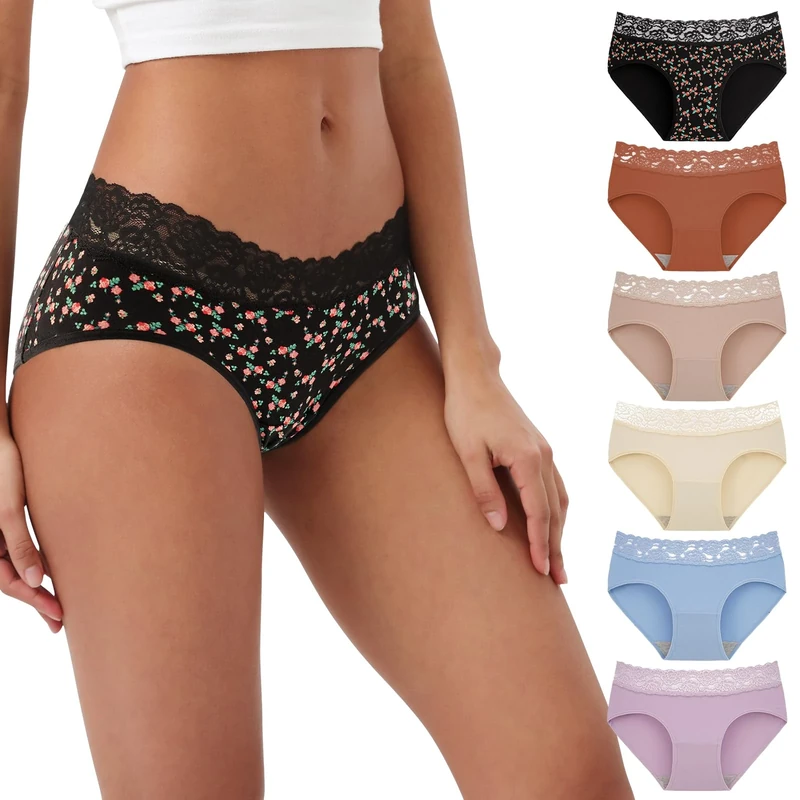 INNERSY Pants for Women Cotton Lace Knickers Midi Ladies Underwear Sexy Full Briefs Multipack 6 (12, 1 Rose/5 Plain)