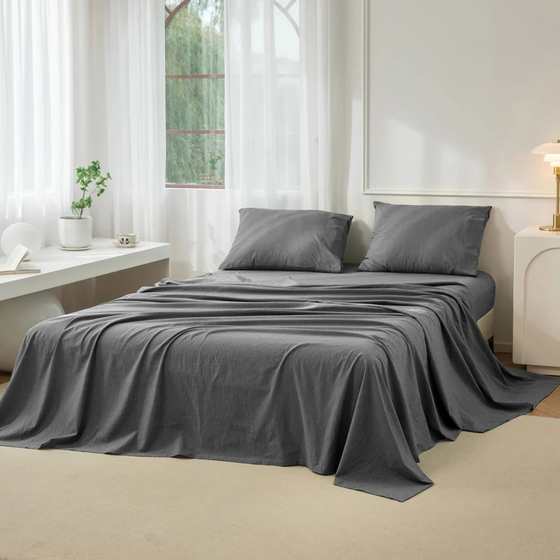 JIYUAN Queen Washed Cotton Sheet Set, 4-Piece, Relaxed Linen Feel