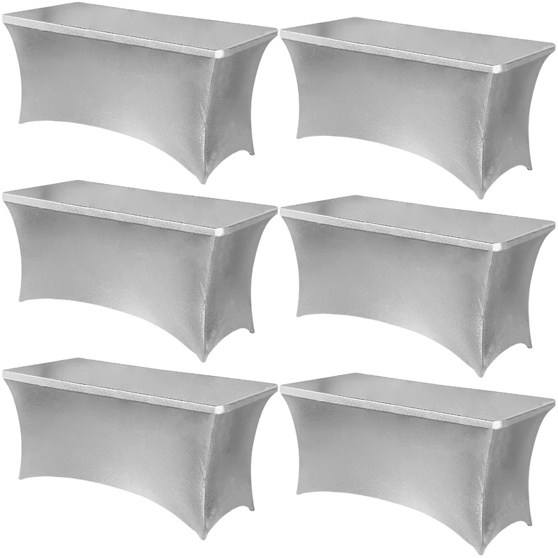 Obstal 6 Pack Stretch Spandex Table Covers for 6 Foot Tables - 6 FT Rectangular Fitted Tablecloth Protector for Wedding, Banquet, Party (Stamping Silver, 72'' Length x 30'' Width x 30'' Height)