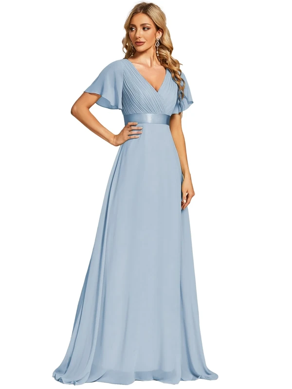 Ever-Pretty Women's Double V-Neck Short Flutter Sleeves Empire Waist Elegant Chiffon Long Evening Dresses Ice Blue 10UK