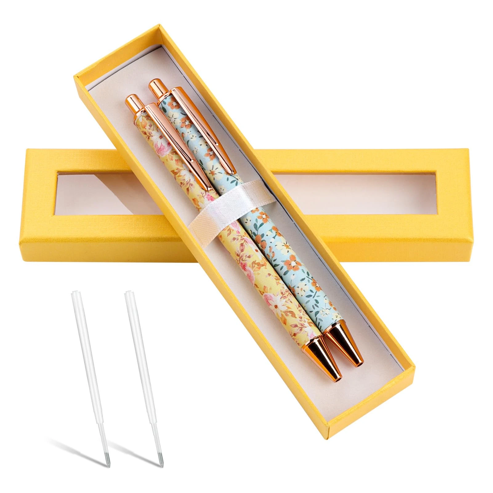 Goerpn 2pcs Flower Art Ballpoint Pens and Black Ballpoint Personalized Pens,Yellow Flowers & Blue Flowers Pretty Metal Floral Pens with 2 Ink Refills 1 Box for Girls Student Teacher Colleagues Women