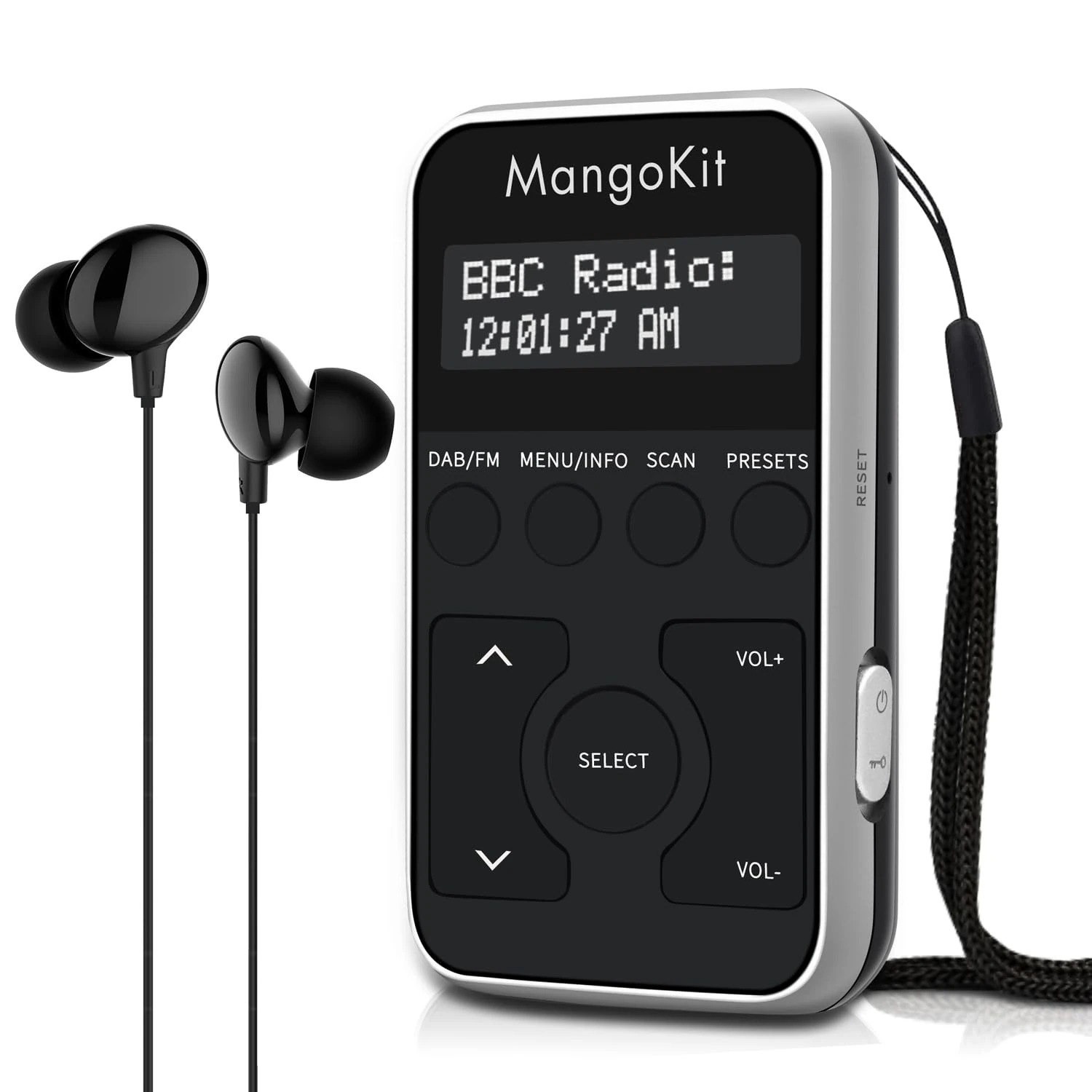 MangoKit MP1+ Pocket DAB Radio, Portable Small DAB+ Radio, Personal FM Radios w/Earphones, Sports DAB Radio with Lockable Buttons,Rechargeable Battery,20 Station Presets, LCD Display - Black&Silver