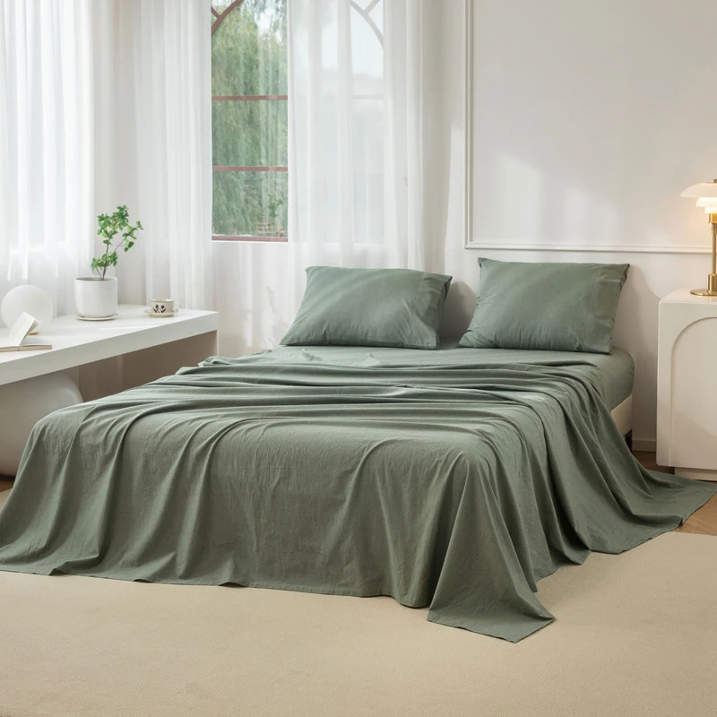 JIYUAN Queen Washed Cotton Sheet Set, 4-Piece, Relaxed Linen Feel