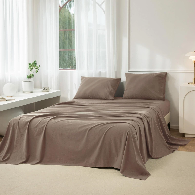 JIYUAN Queen Washed Cotton Sheet Set, 4-Piece, Relaxed Linen Feel