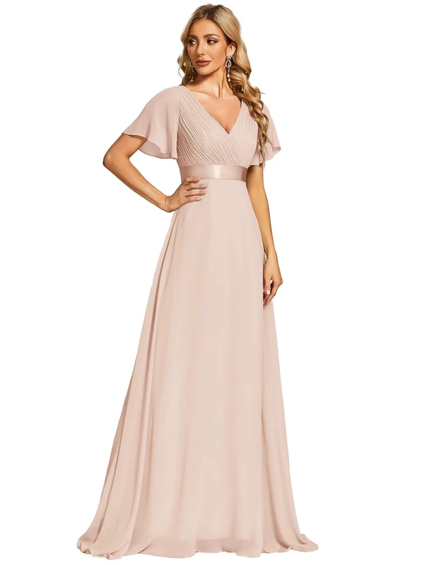 Ever-Pretty Women's Double V-Neck Short Flutter Sleeves Empire Waist Elegant Chiffon Long Evening Dresses Blush Pink 24UK