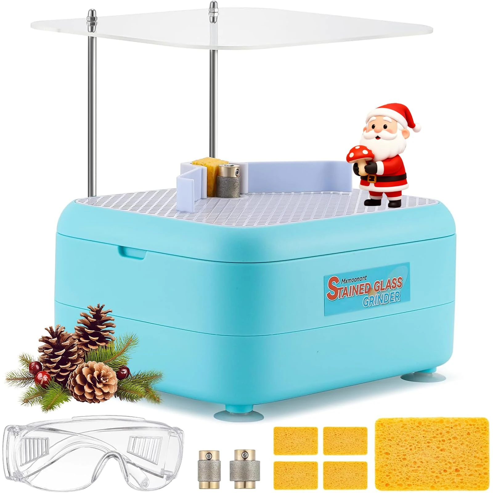 Mxmoonant UK Plug Stained Glass Grinder, Suitable for Stained Glass DIY, Mosaics, Ceramics and Crafts, with 2 Diamond Grinder Bits & Baffle (Light Blue)