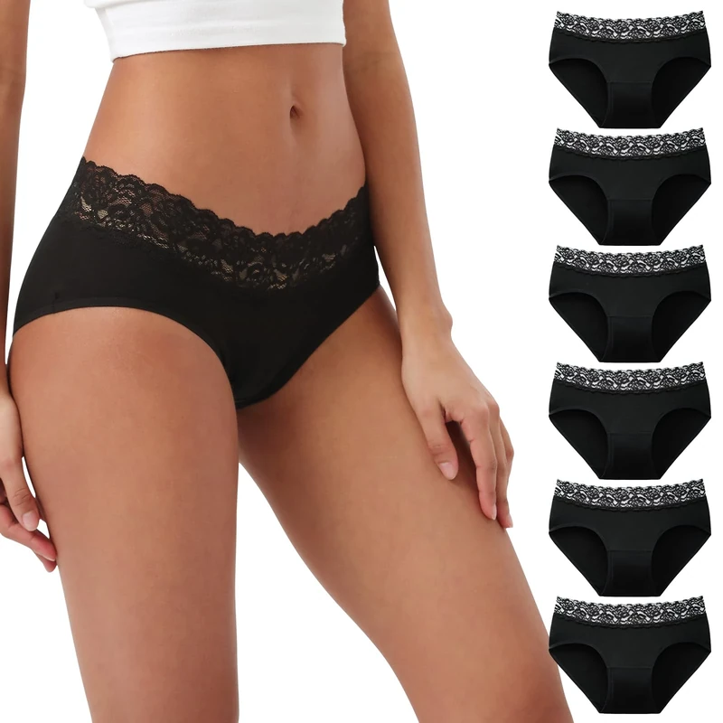 INNERSY Black Lace Trim Knickers for Women Cotton Ladies Pants Mid Rise Hipster Panties 6 Pack (12, Dark Black)