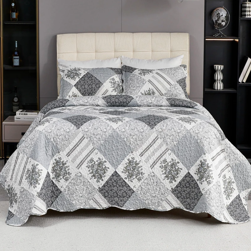 Cmfshape Summer Floral Queen Bedspread,Romantic Grey Quilt Set Full,Reversible Stitched Bedding Set All Season,Soft Lightweight Coverlet with Pillow Cases (Dark Grey, Queen90 x90)