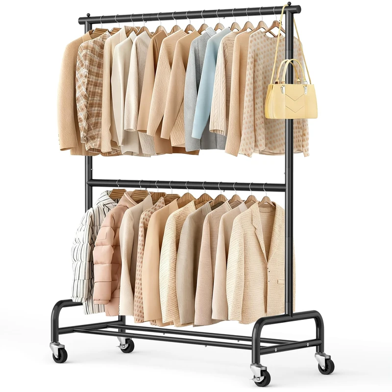 SLEEPING LAMB Double Rod Heavy Duty Clothes Racks for Hanging Clothes Rack, Metal Rolling Garment Rack With Wheels Clothes Hanger Rack Wardrobe Rack for Coats, Shirts (Black)