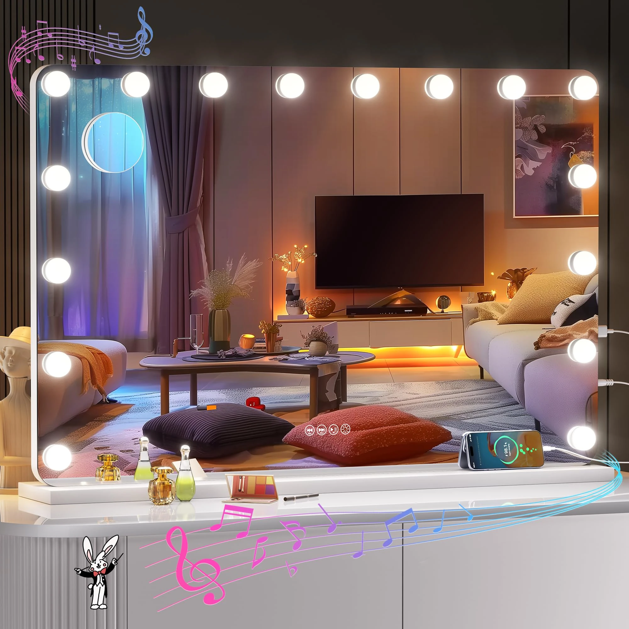 ouboyo 36''X24'' Vanity Mirror with Lights, Hollywood Mirror with Bluetooth Speaker, 3 Color Lighting Modes & Stepless Dimming, USB & Type-C Charging Port, 5X Magnification