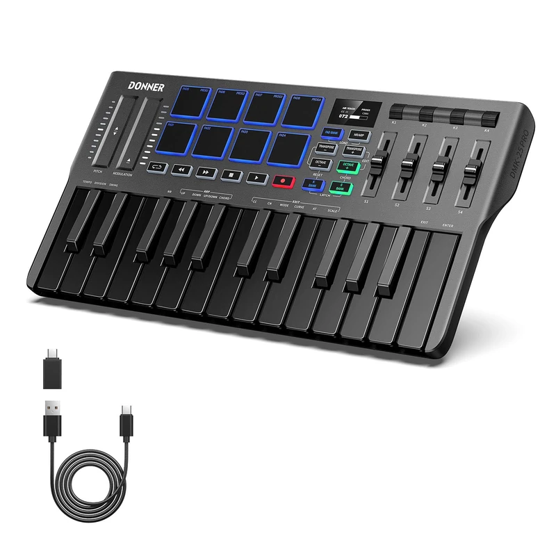 Donner MIDI Controller Keyboard with Drum Pad, Black