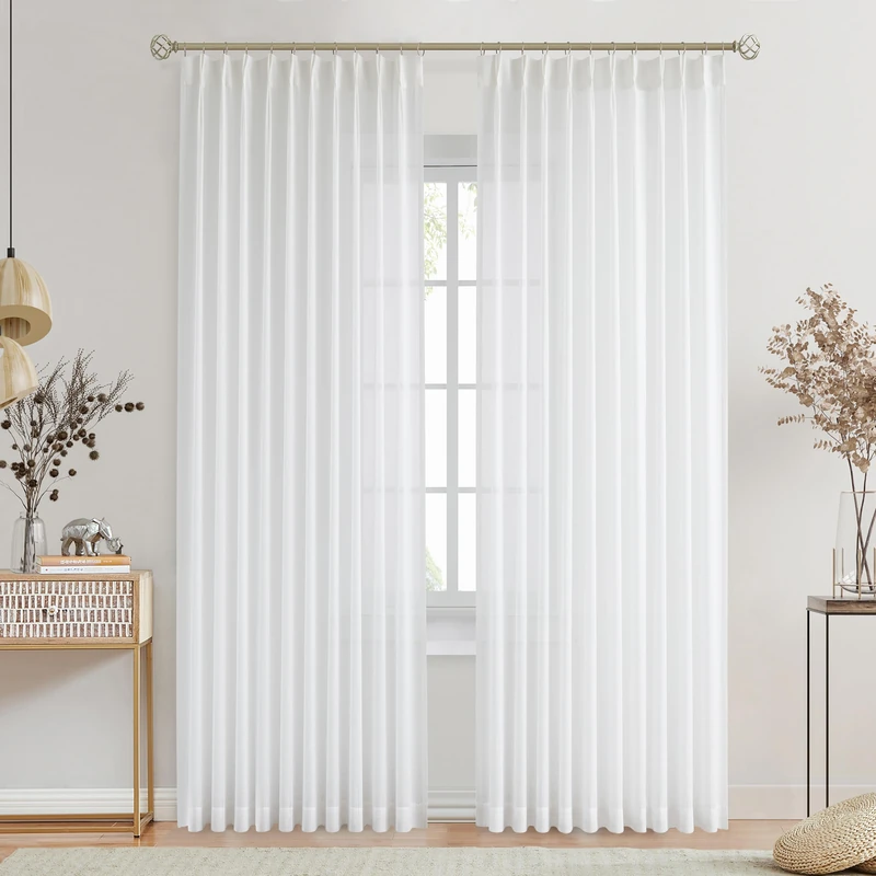 Central Park White Pinch Pleated Voile Sheer Curtain Panels Linen Textured Window Treatment Drape 90 Inch with Backtab Farmhouse Rustic for Living Room Bedroom, 60"x90"x2