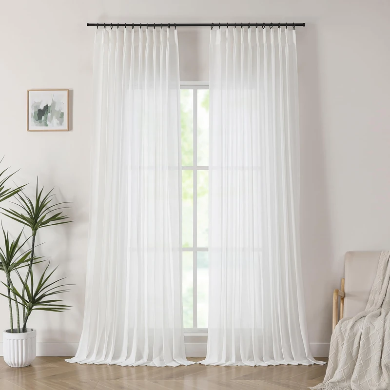 Central Park White Pinch Pleated Voile Sheer Curtain Panels Linen Textured Window Treatment Drape 95 Inches Long with Hooks Farmhouse Rustic for Living Room Bedroom, 60"x95"x2